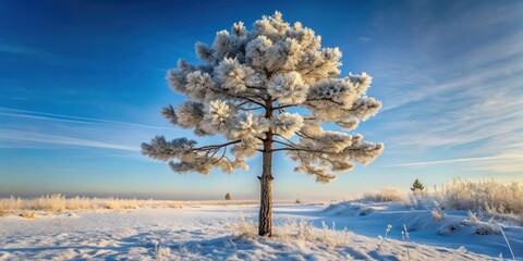 A solitary frost-covered pine tree stands majestically in a pristine winter landscape, bathed in the soft glow of the rising sun.