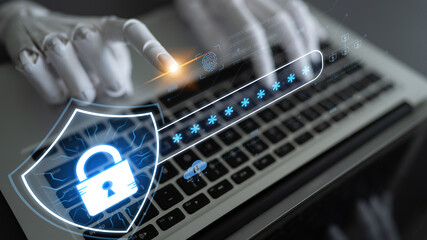 An AI assistant manages an advanced network security system. It integrates password protection with biometric authentication and cloud verification for robust data safety. Fermion