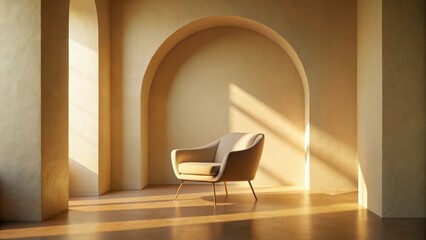Serene Interior Design A Single Armchair Basking in Golden Sunlight Within a Minimalist Room Featuring Arched Walls and Warm Hues