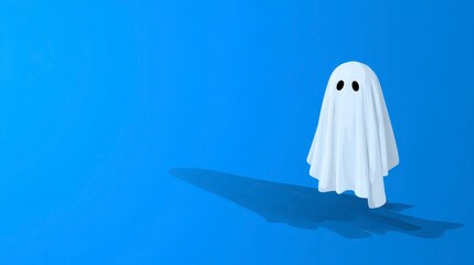 A spectral sheet figure with dark eyes casts a long shadow on a vivid blue backdrop, creating a playful Halloween feel