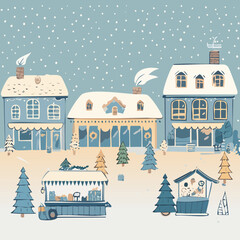 Winter Village Street Illustration &mdash; Snowy Houses and Cozy Market Stalls at Night, Flat Storybook Vector Collection