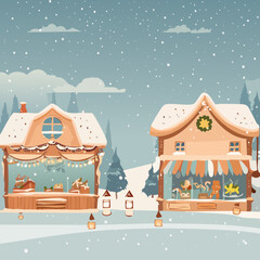 Winter Village Street Illustration &mdash; Snowy Houses and Cozy Market Stalls at Night, Flat Storybook Vector Collection