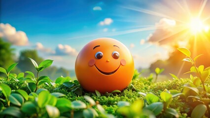 A cheerful orange sphere smiling amidst vibrant greenery under a sunny sky