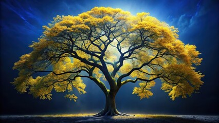 Majestic Autumnal Tree Silhouetted Against a Deep Blue Sky, Illuminated by a Heavenly Light Source