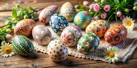 A Festive Collection of Hand-Painted Easter Eggs on Rustic Wooden Surface Decorated with Spring Blossoms