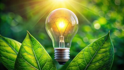 Illuminating Green Energy A Glowing Lightbulb Nestled Amongst Vibrant Leaves, Symbolizing Sustainable Power and Environmental Harmony