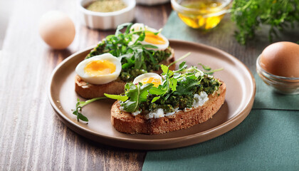 Healthy Bruschetta Breakfast Featuring Greenery And Egg