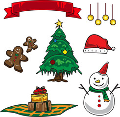 Christmas Illustration Set with Tree, Snowman, Gingerbread, and Festive Elements.