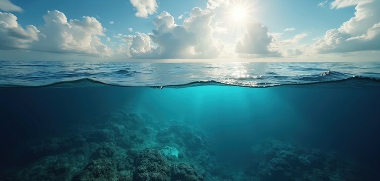 Split view of ocean water. Top half shows blue sky with sun and clouds. Bottom half reveals underwater coral reef seabed. Calm sea surface divides above and below.