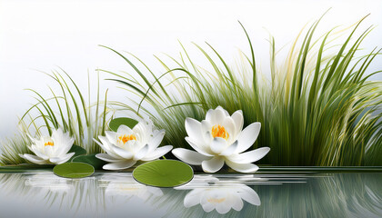 Modern Minimalist Illustration Of White Water Lilies And Lush Green Reeds Against A Clear White Background Evoking Tranquility And Clarity