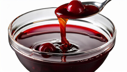 Thick Cherry Syrup Being Poured Into A Clear Glass Bowl With A Silver Spoon