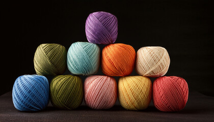 Six Colorful Balls Of Yarn Arranged In A Pyramid On Black Background