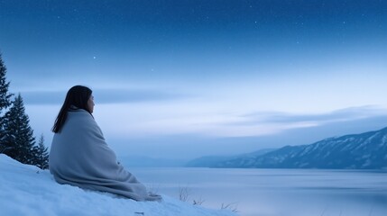 Peaceful winter tableau, Quiet winter landscape featuring woman and frozen shoreline, Serene winter environment showcasing woman relaxing near snowblanketed shoreline with frozen lake