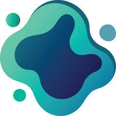 A vibrant abstract illustration featuring a large blue shape surrounded by green and blue gradients with smaller colorful shapes on a white background