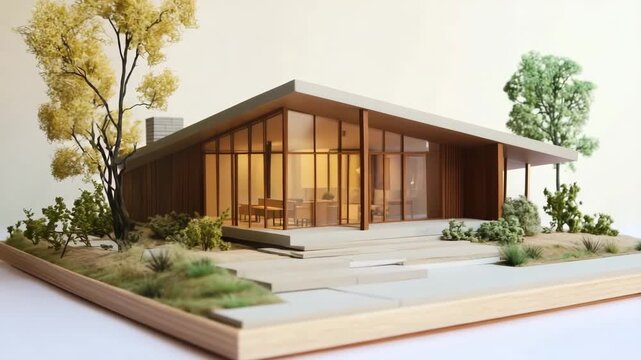 A detailed architectural model of a mid-century modern house surrounded by greenery, featuring large glass windows and a minimalist design