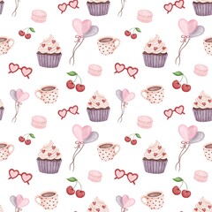 Valentine Watercolor Seamless Pattern with Cupcakes, Macarons and Balloons