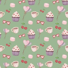 Cute Valentine Watercolor Seamless Pattern with Cupcakes, Coffee and Hearts on Green Background