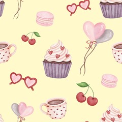 Love and Dessert Watercolor Seamless Pattern for Valentine’s Day on Yellow Background