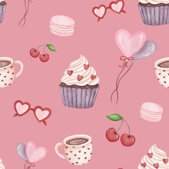 Valentine Watercolor Seamless Pattern with Cupcakes, Macarons and Balloons on Pink Background