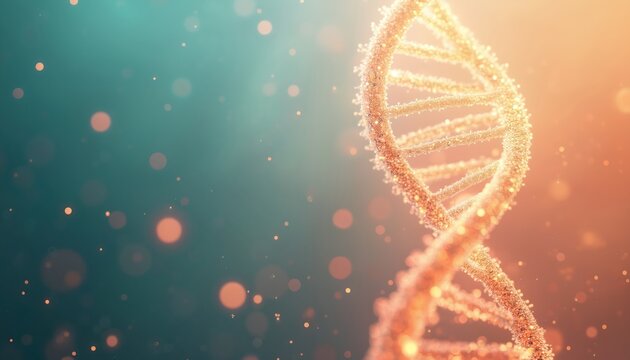 Abstract glowing DNA strand. Genetic code molecule structure with particles and bokeh light. Scientific research and biotechnology concept illustration background.