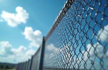 Close up view of chain link fence against blue sky with clouds. Metal grid creates pattern of connected lines and separation. Shows barrier, security, and boundary concepts. Outdoor scene.