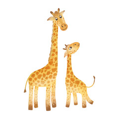 Fototapeta premium Cartoon giraffes: mother and baby. Flat style children's illustration. Watercolor, pastel, yellow, orange. Design element for children's prints