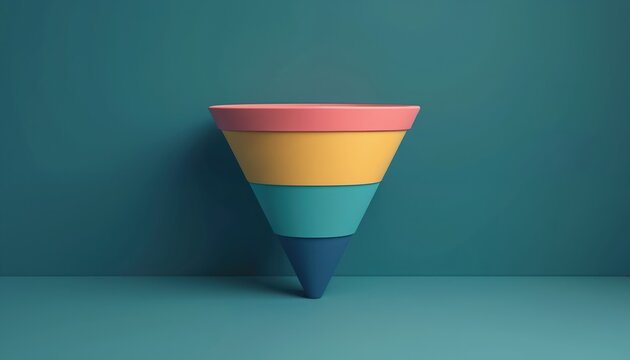Colorful geometric inverted pyramid with four layers of different colors. Modern abstract shape stands on teal surface against teal background. Concept visual for data flow or process stages.