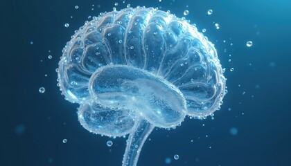 Transparent human brain formed by water drops floats in blue space. Bubbles rise around abstract neural network structure. Futuristic AI concept visual.