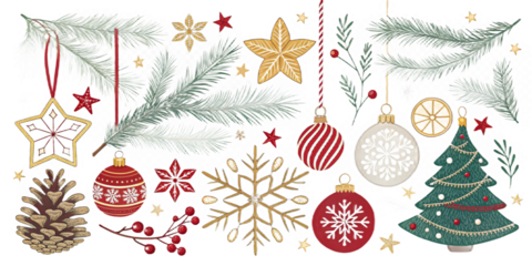 Christmas and New Year Decorative Elements Set on Transparent Background