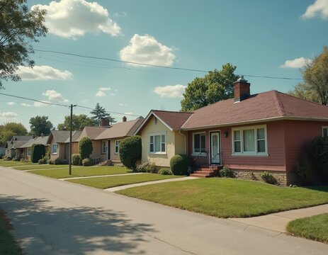 Modest 1950s bungalows line suburban street with manicured lawns. Small detached homes show neat front yards, driveways under bright, cloudy sky. Quiet neighborhood offers glimpse into post war