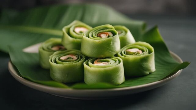 Delicious gujarati patra rolled desserts served on a fresh banana leaf plate with a dark background