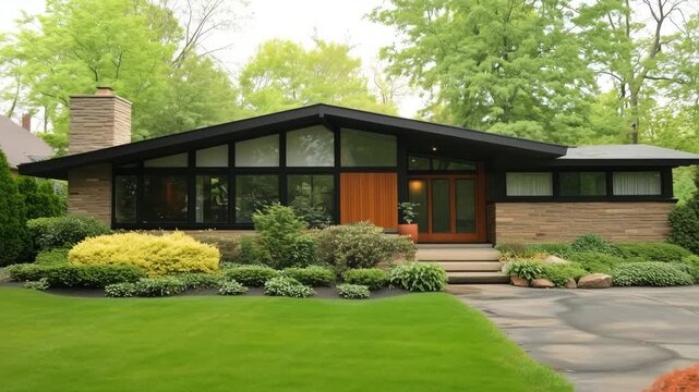 A modern single-story house with large windows, a sloped roof, and a landscaped front yard featuring green grass and various shrubs