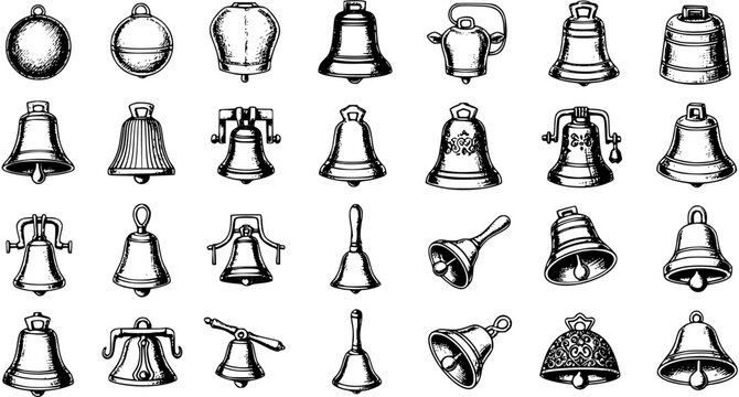 Hand-drawn sketch collection of various bells in different styles. Engraved vintage bell icons for antique church, school, liberty, or Christmas decorations.