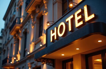 Obraz premium Illuminated hotel sign glows warmly on ornate building facade at dusk. Building exterior lit by warm lights shows luxury accommodation. Classic architecture detail.