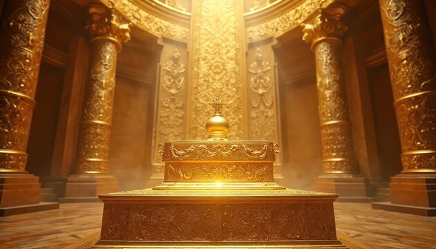 Grand golden altar inside ancient temple structure. Rich ornaments adorn pillars. Incense burner sits atop ornately carved altar, light rays.