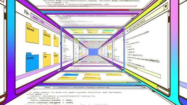 Tunnel room 3d animation of retro computer interface windows with programming code or data files folders. Camera moving straight