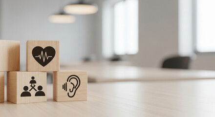Healthcare icons on wooden blocks in modern office setting