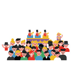 Crowd watching a parade float with musicians. Suitable for event promotion, festive atmosphere, celebration, parades, community gatherings, entertainment.