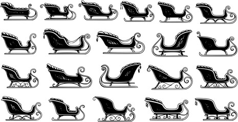 Collection of Vintage Santa Sleighs. Detailed Black and White Vector Set of Traditional Christmas Sleds. Festive Holiday Transportation Illustration.