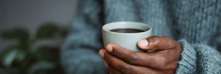 Person is holding a mug of coffee in their hand