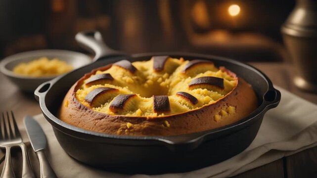 Golden cornbread baked to perfection in a rustic cast iron skillet