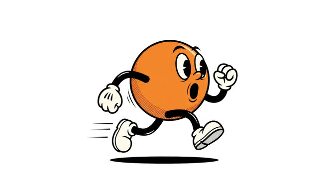 perfectly spherical orange mascot with rubber-hose arms and legs, running frantically in a panicked sprint against a transparent background, full-body side view. retro cartoon illustration concept