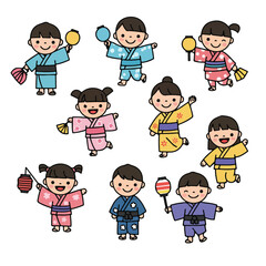 Children in traditional japanese attire holding fans or lanterns, great for cultural events or tourism promotions. Young festival performers.