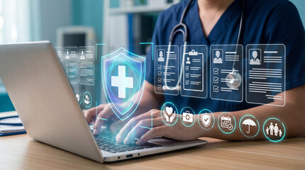 Healthcare professional using a laptop to manage protected medical records with digital security icons for data protection, patient privacy, and secure health information systems.