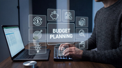 Business budget planning concept with man working on laptop, financial icons, digital analytics, money management and financial strategy visualization.