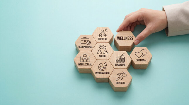 hand arranging wooden hexagon blocks representing different dimensions of wellness in a balanced and organized layout.