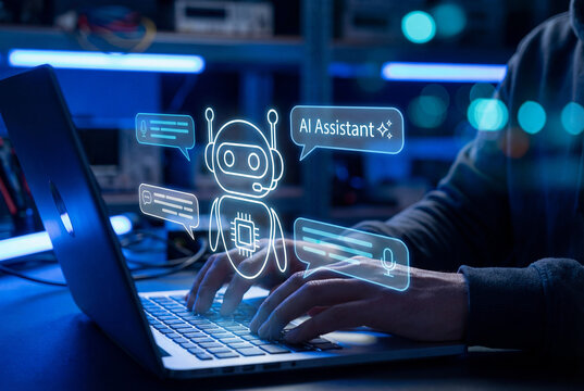 AI assistant chatbot concept with digital robot interface and user working on laptop in futuristic technology environment. - Powered by Adobe