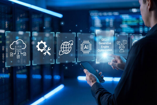 Generative engine optimization technology with digital AI interface and user interacting with futuristic icons.