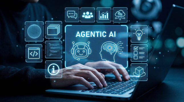 Agent AI technology with digital interface icons and user typing on laptop in futuristic environment. - Powered by Adobe