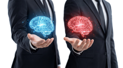 Businessmen holding digital brains in glowing blue and red on white or transparent background.